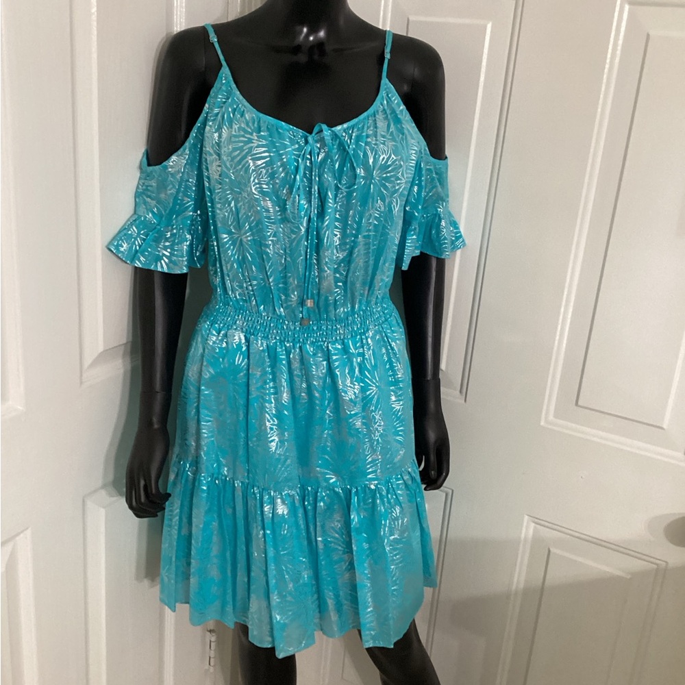 Metallic blue summer dress, drop shoulders with spaghetti straps.